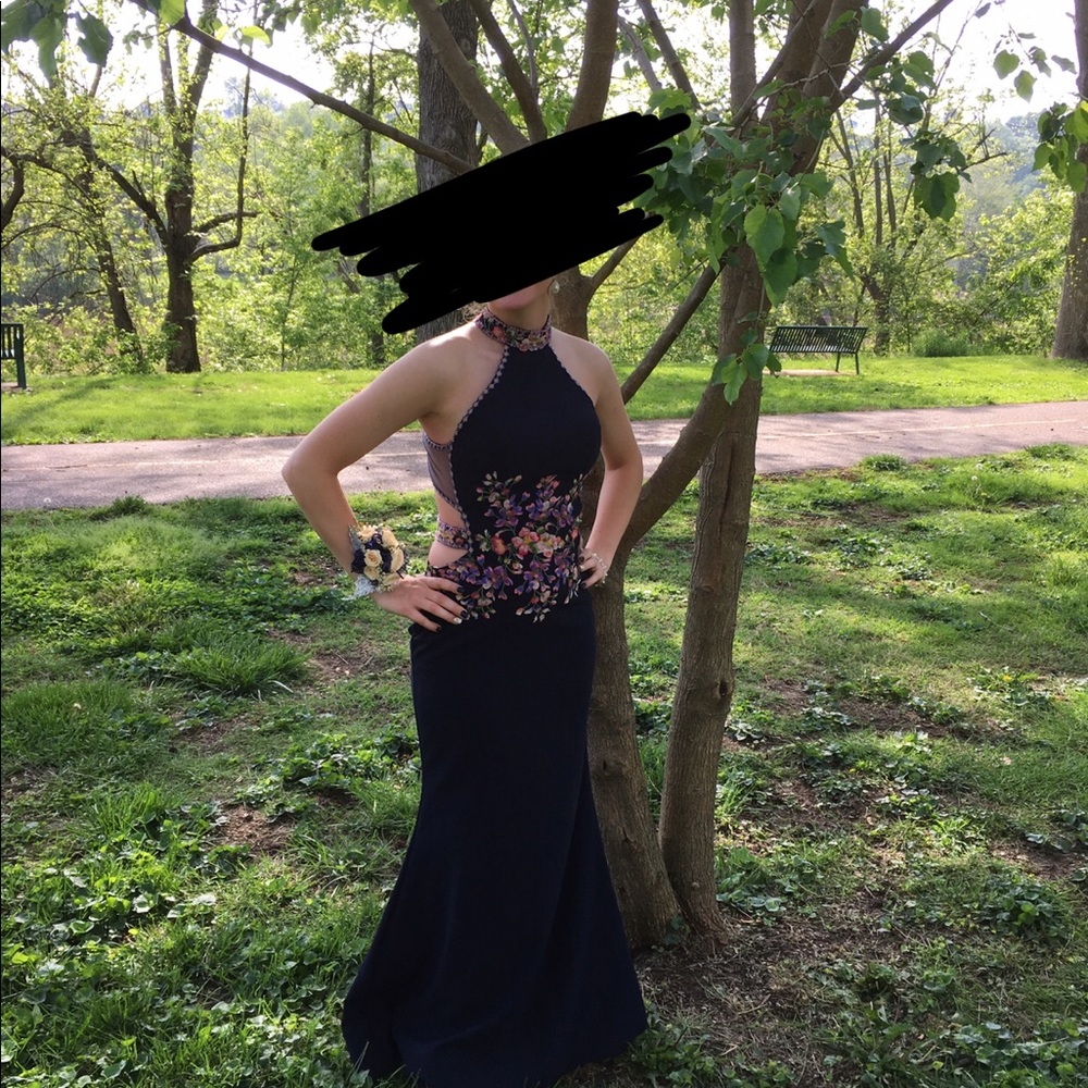 Navy with floral pattern prom dress